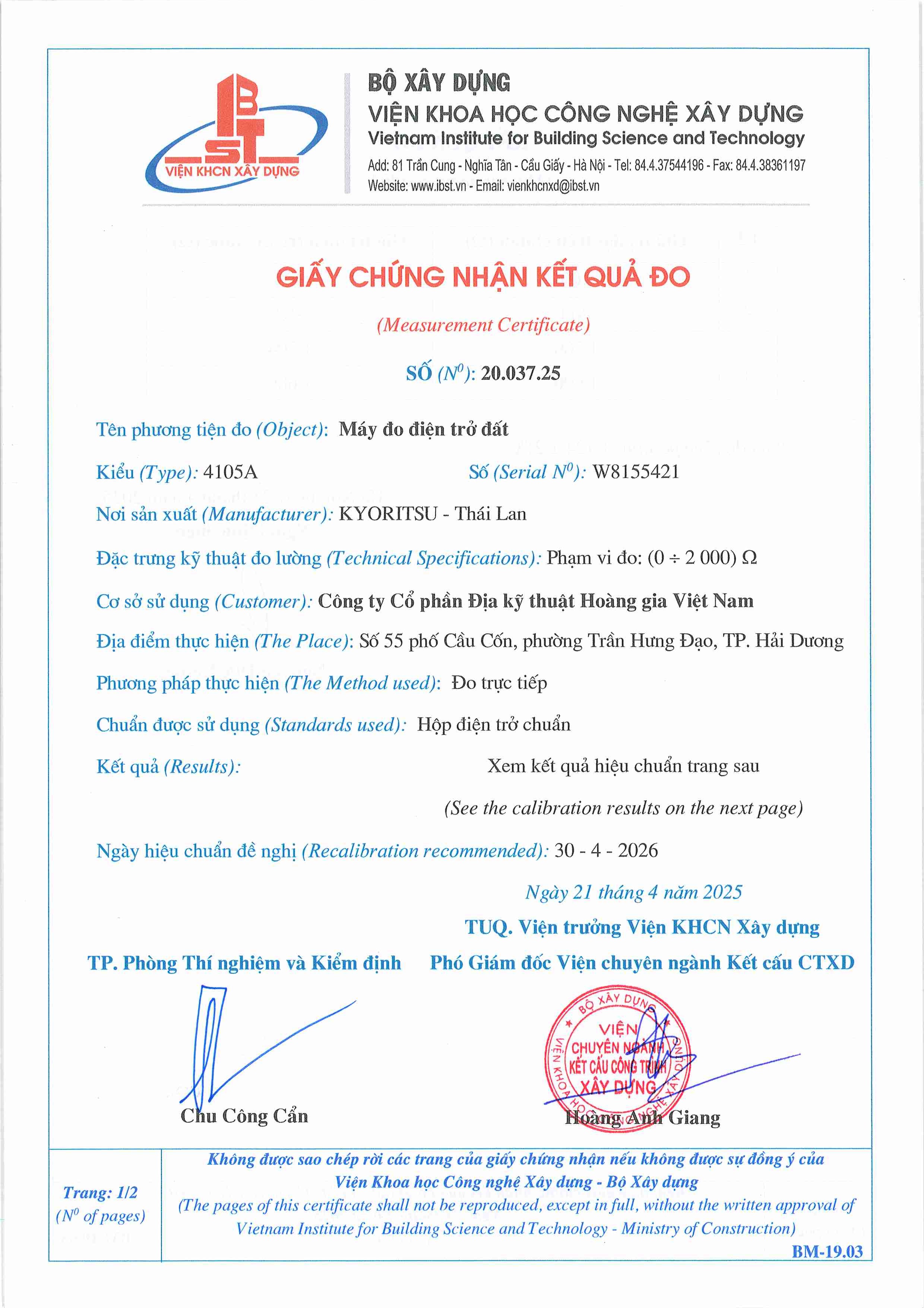 Trang 1 - Chứng nhận đo Máy đo điện trở đất