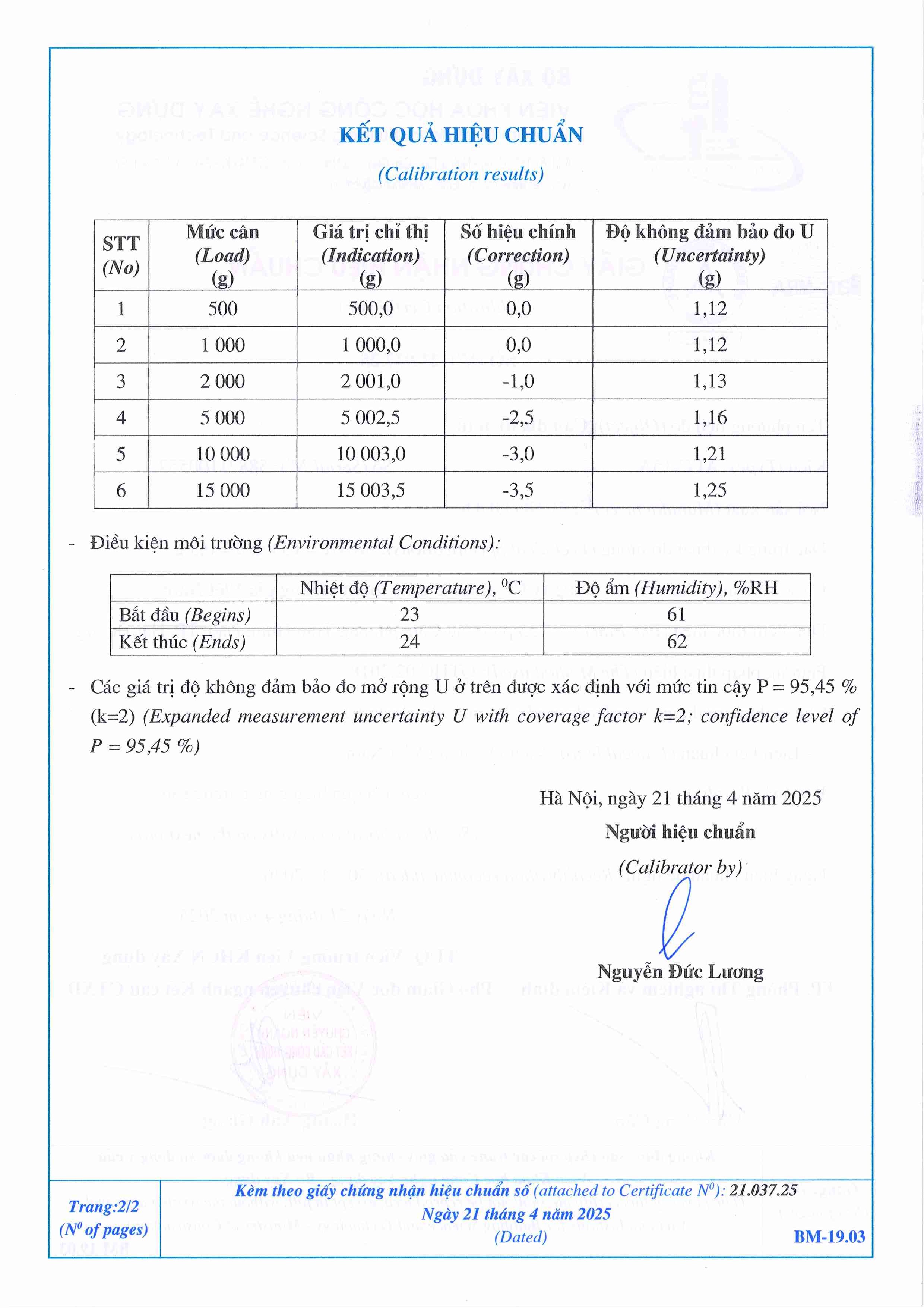 Trang 2 - Kết quả hiệu chuẩn Cân đĩa điện tử ALC-15A
