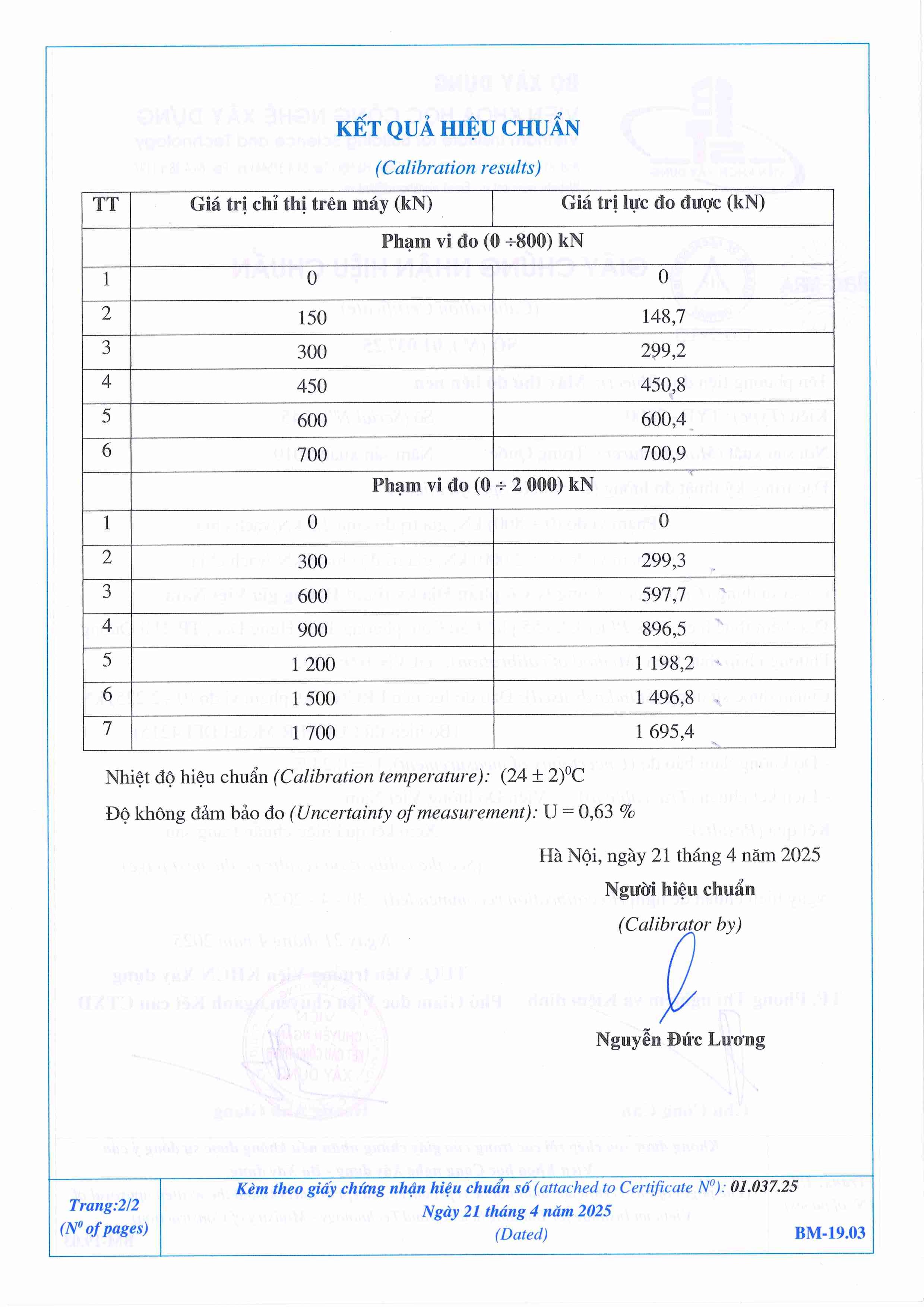 Trang 2 - Kết quả hiệu chuẩn Máy thử độ bền nén TYE-2000