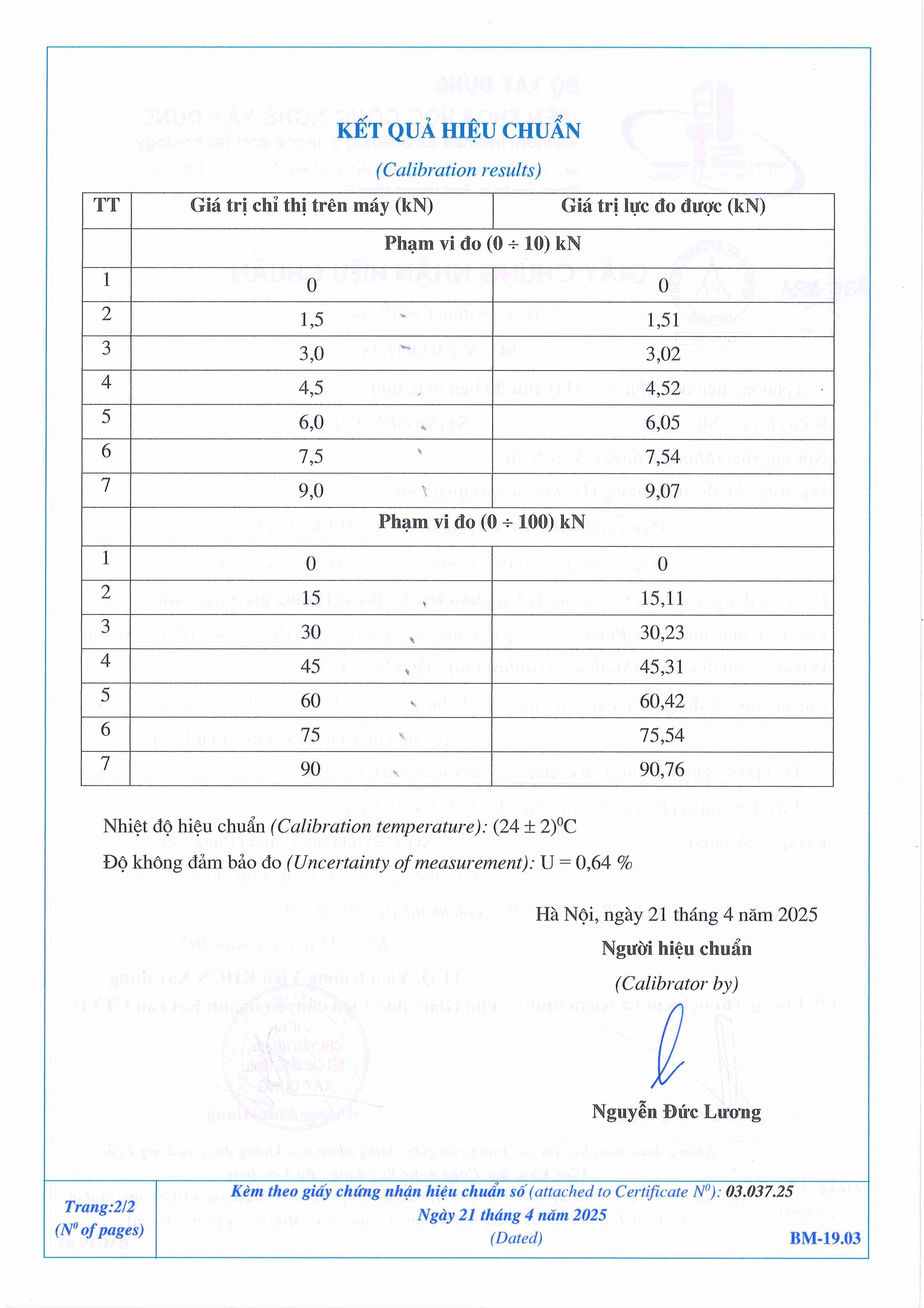 Trang 2 - Kết quả hiệu chuẩn Máy MC-100