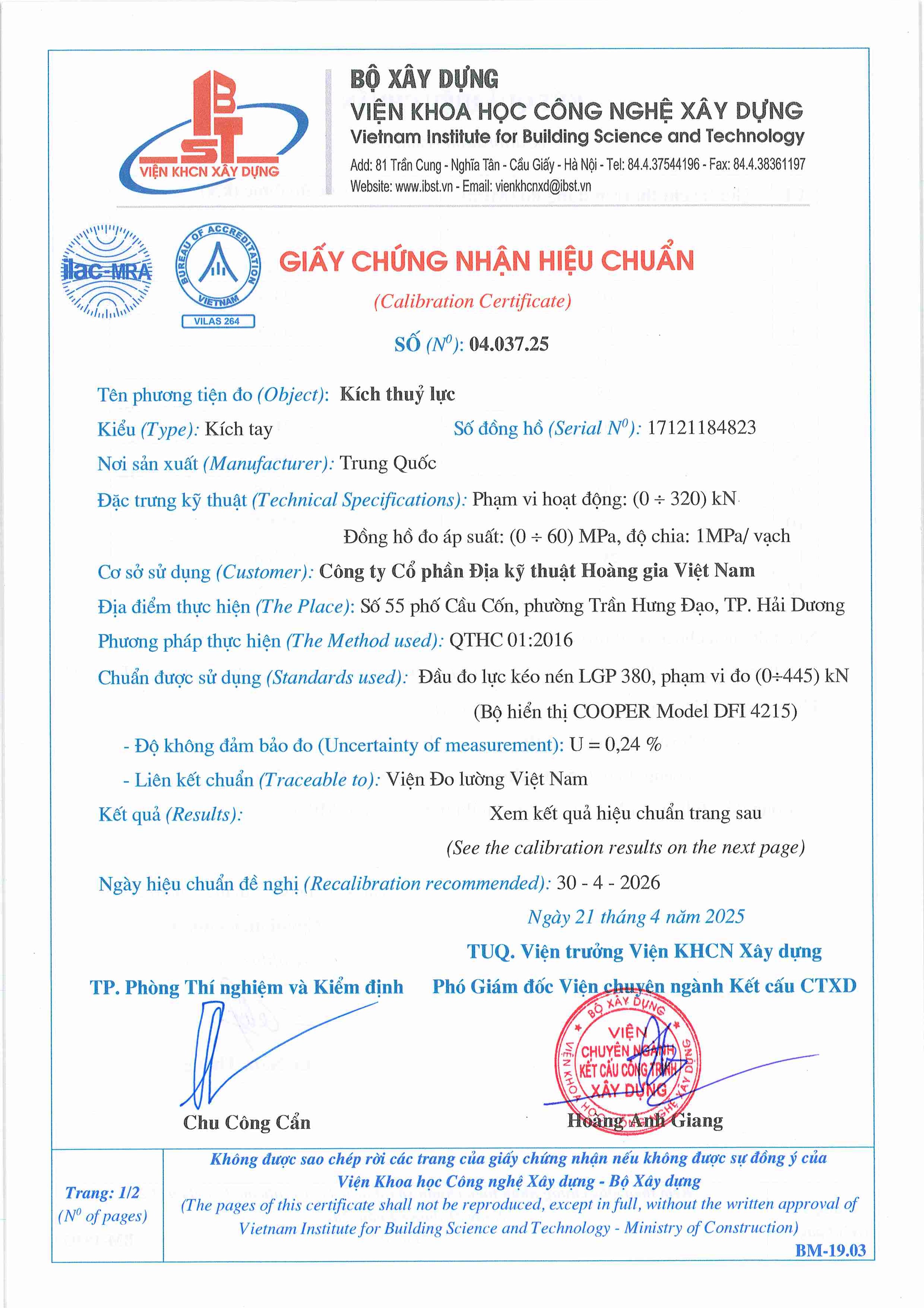 Trang 1 - Chứng nhận hiệu chuẩn Kích thuỷ lực 04.037.25