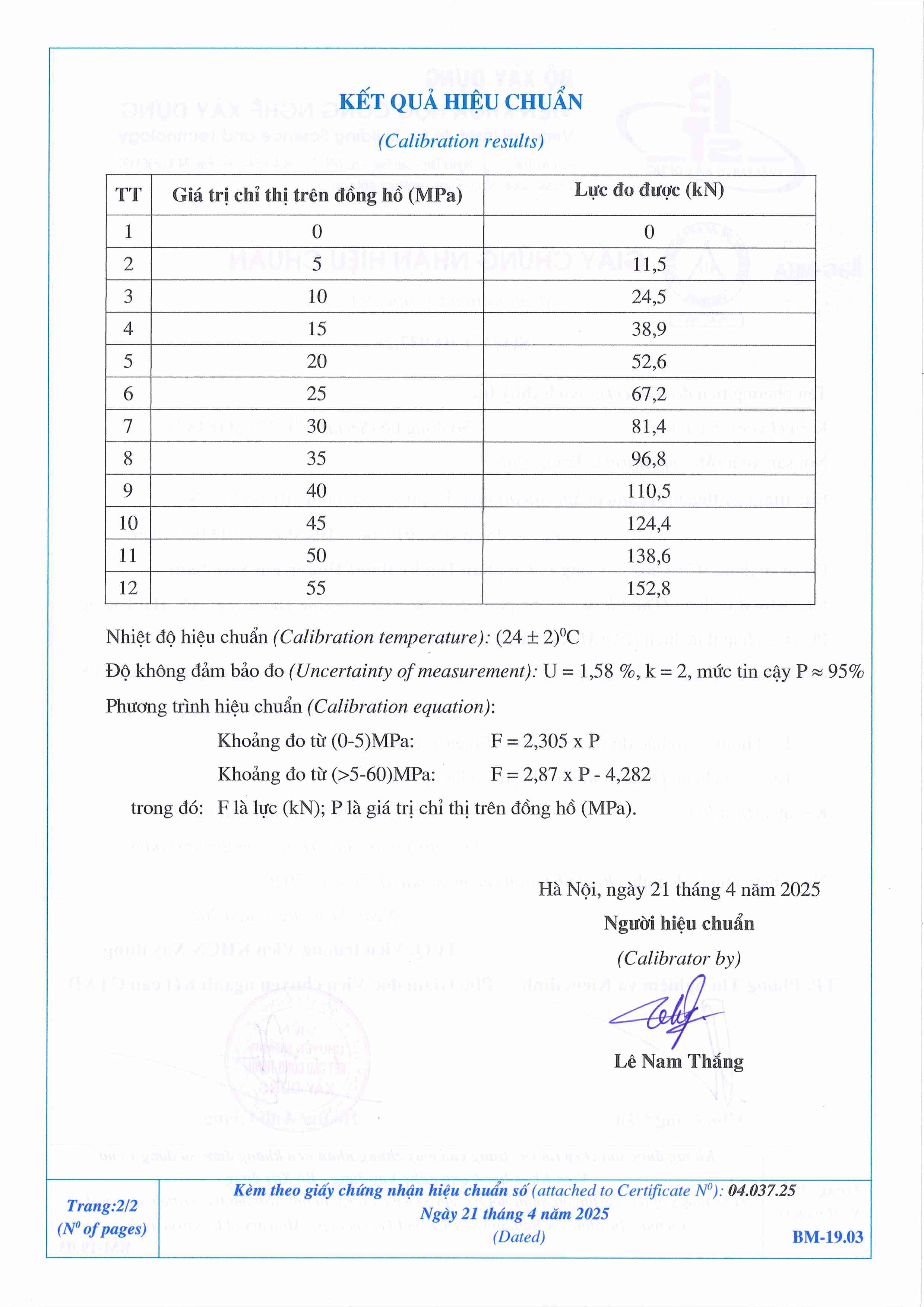 Trang 2 - Kết quả hiệu chuẩn Kích thuỷ lực 04.037.25