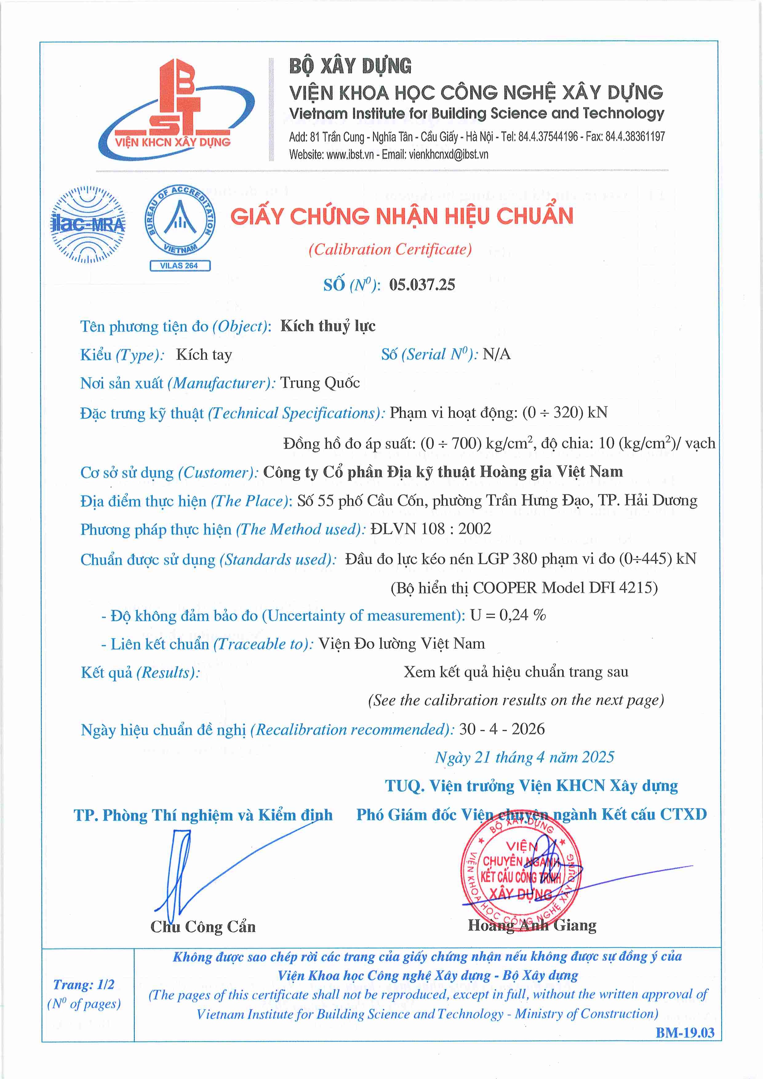 Trang 1 - Chứng nhận hiệu chuẩn Kích thuỷ lực 05.037.25