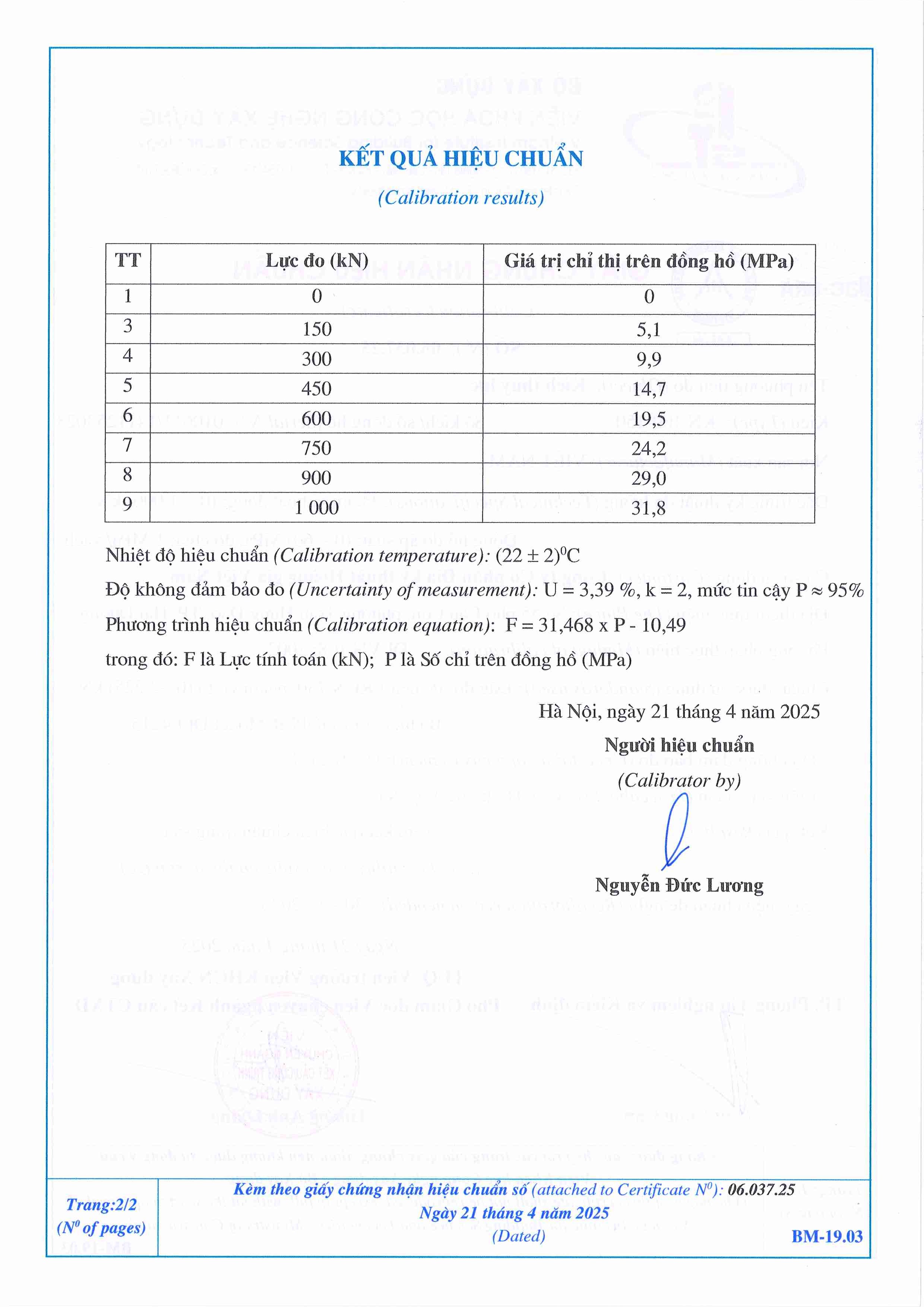 Trang 2 - Kết quả hiệu chuẩn 06.037.25