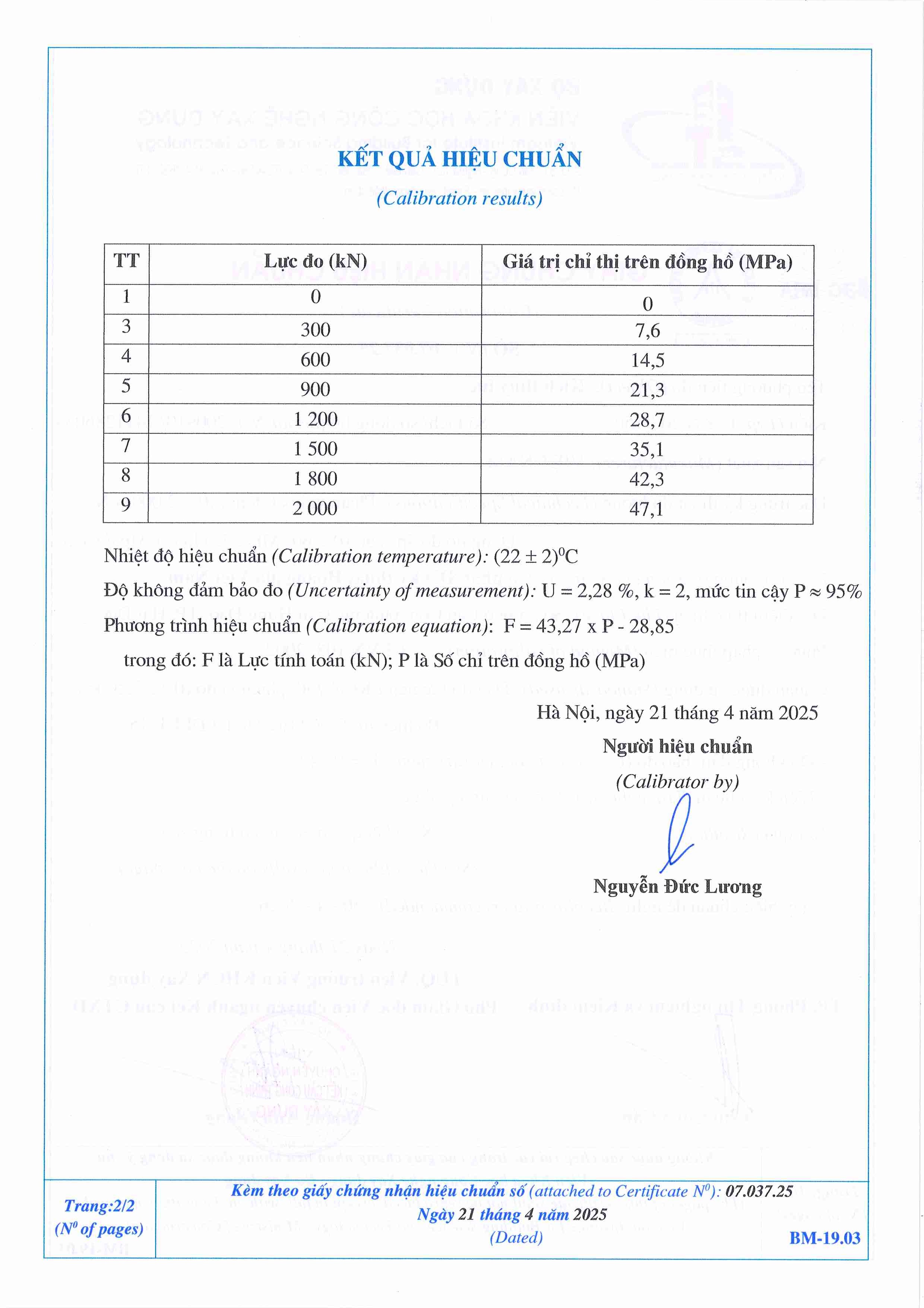 Trang 2 - Kết quả hiệu chuẩn Kích thuỷ lực KN 200-150