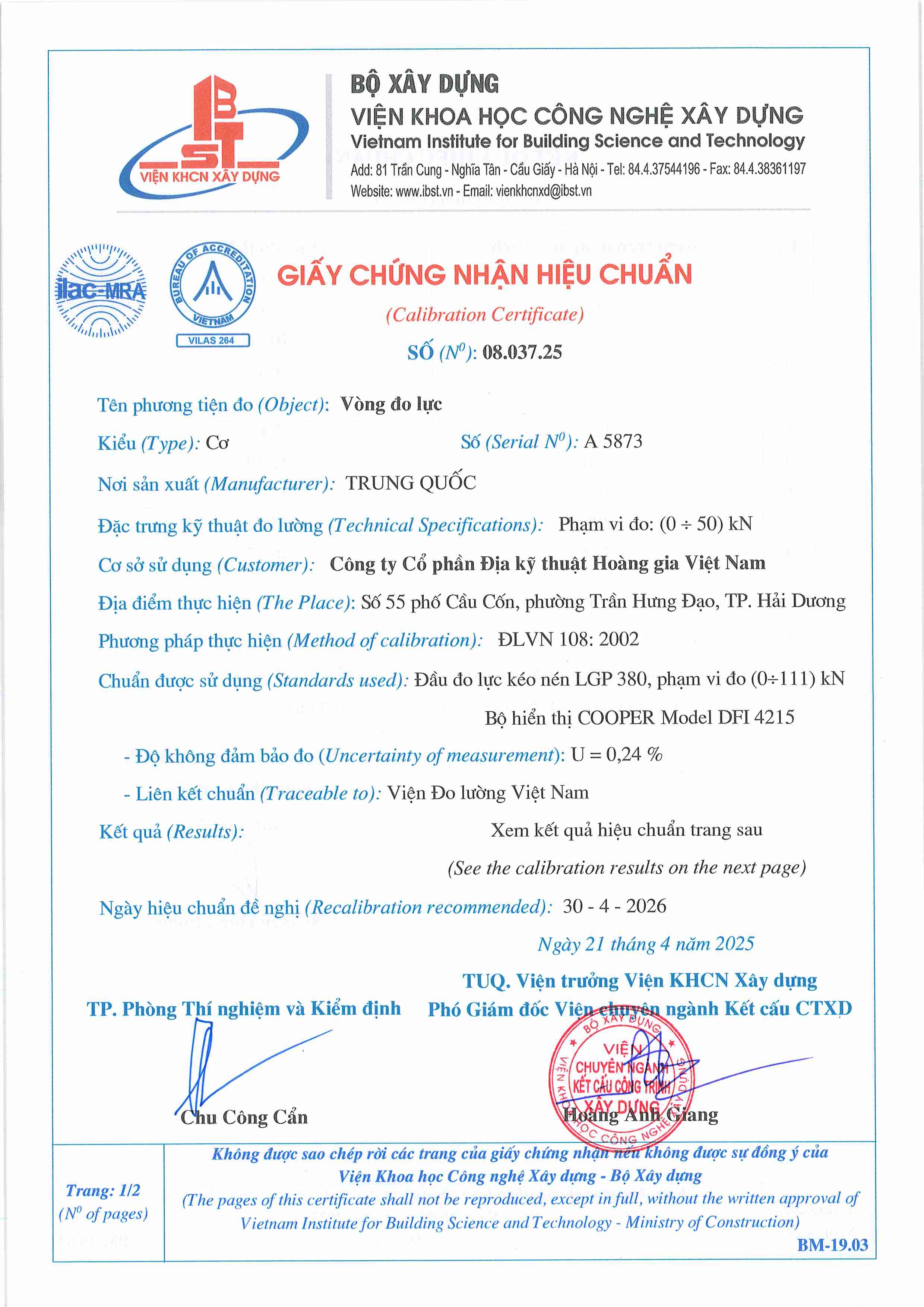 Trang 1 - Chứng nhận hiệu chuẩn Vòng đo lực