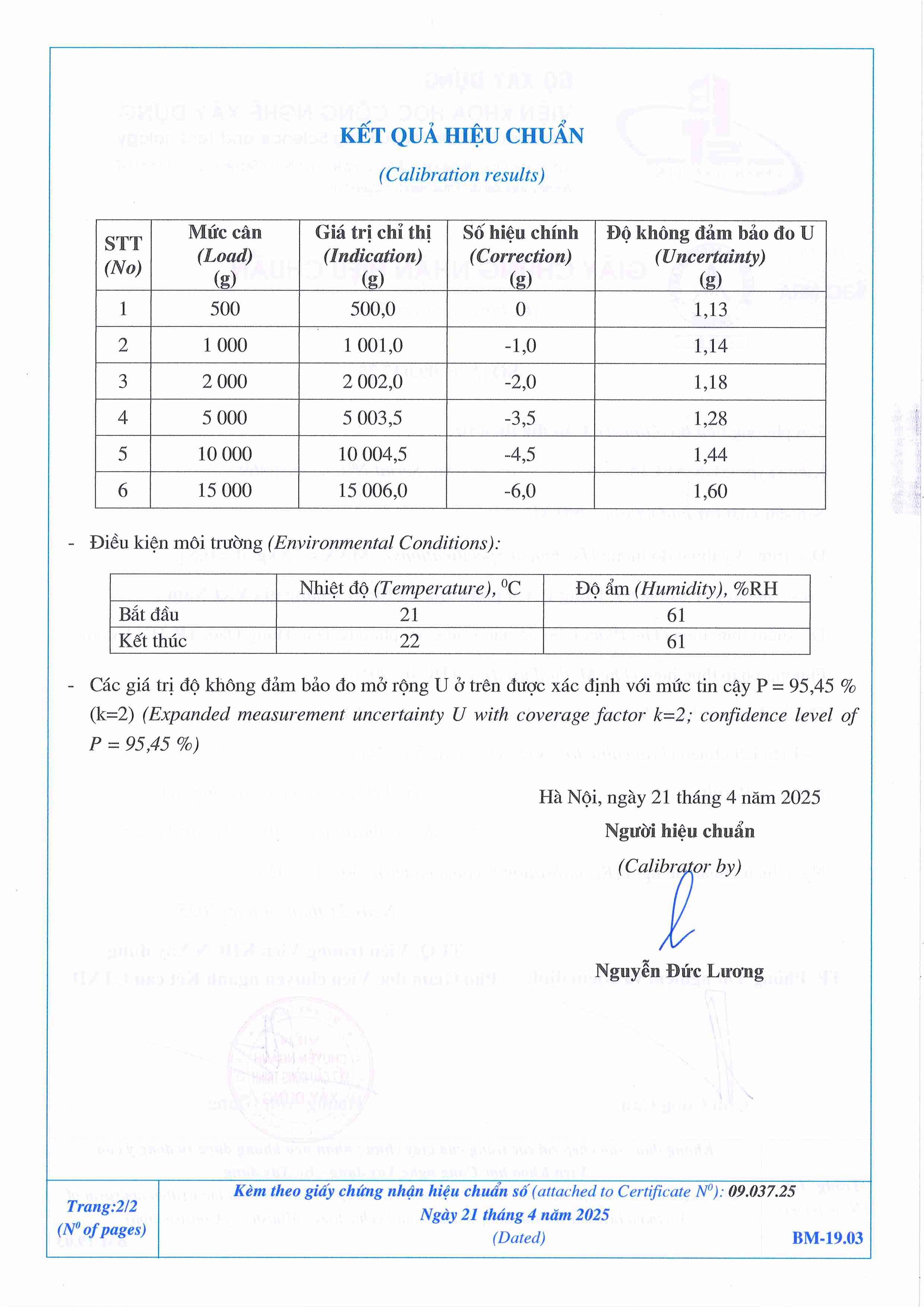 Trang 2 - Kết quả hiệu chuẩn Cân đĩa điện tử GS-ALC15