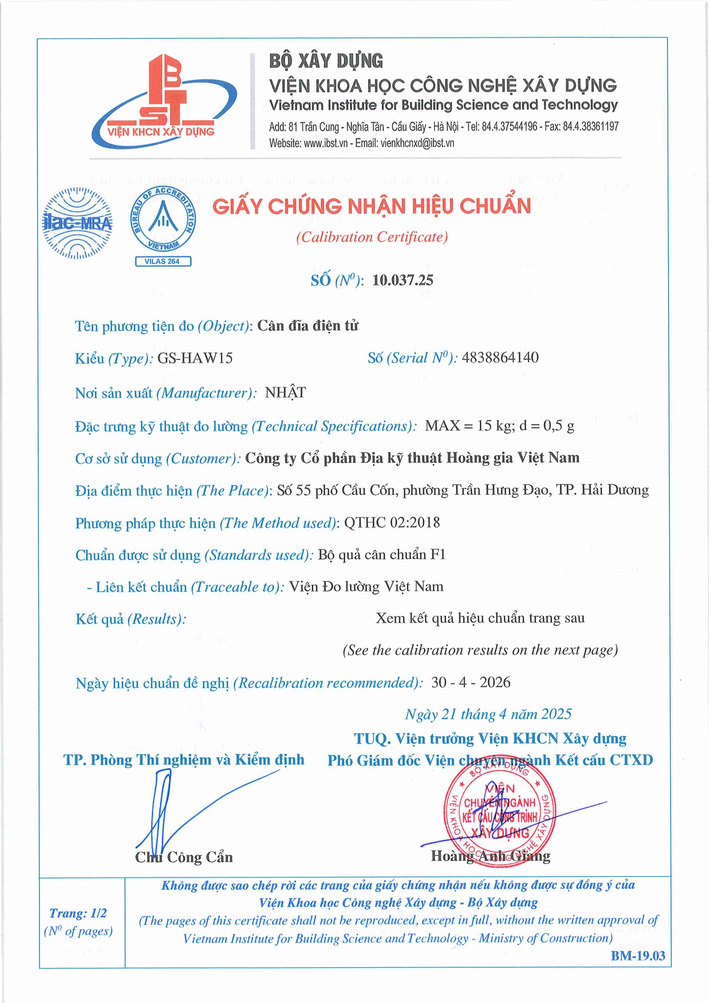 Trang 1 - Chứng nhận hiệu chuẩn Cân đĩa điện tử GS-HAW15