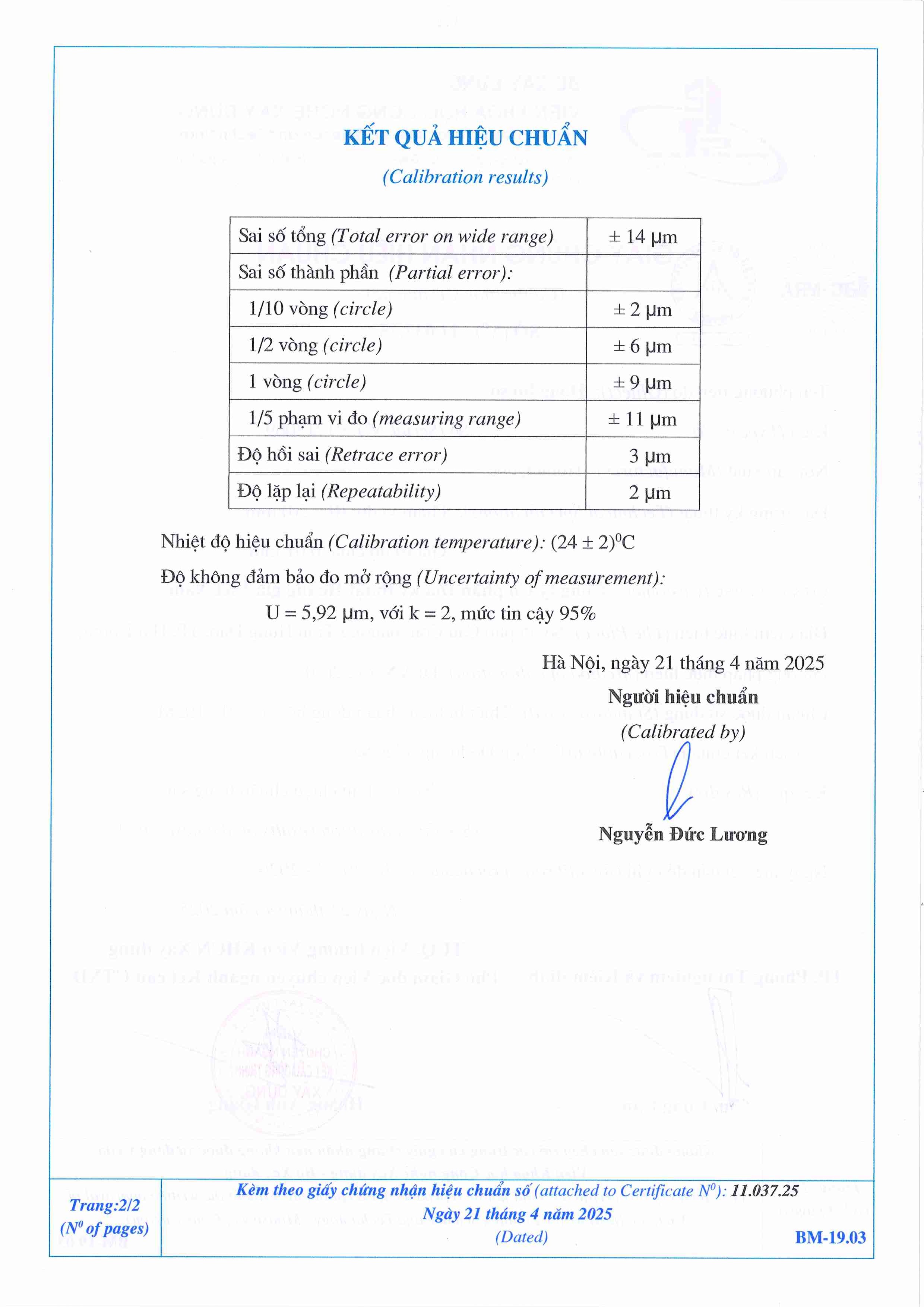 Trang 2 - Kết quả hiệu chuẩn Đồng hồ so 91213069