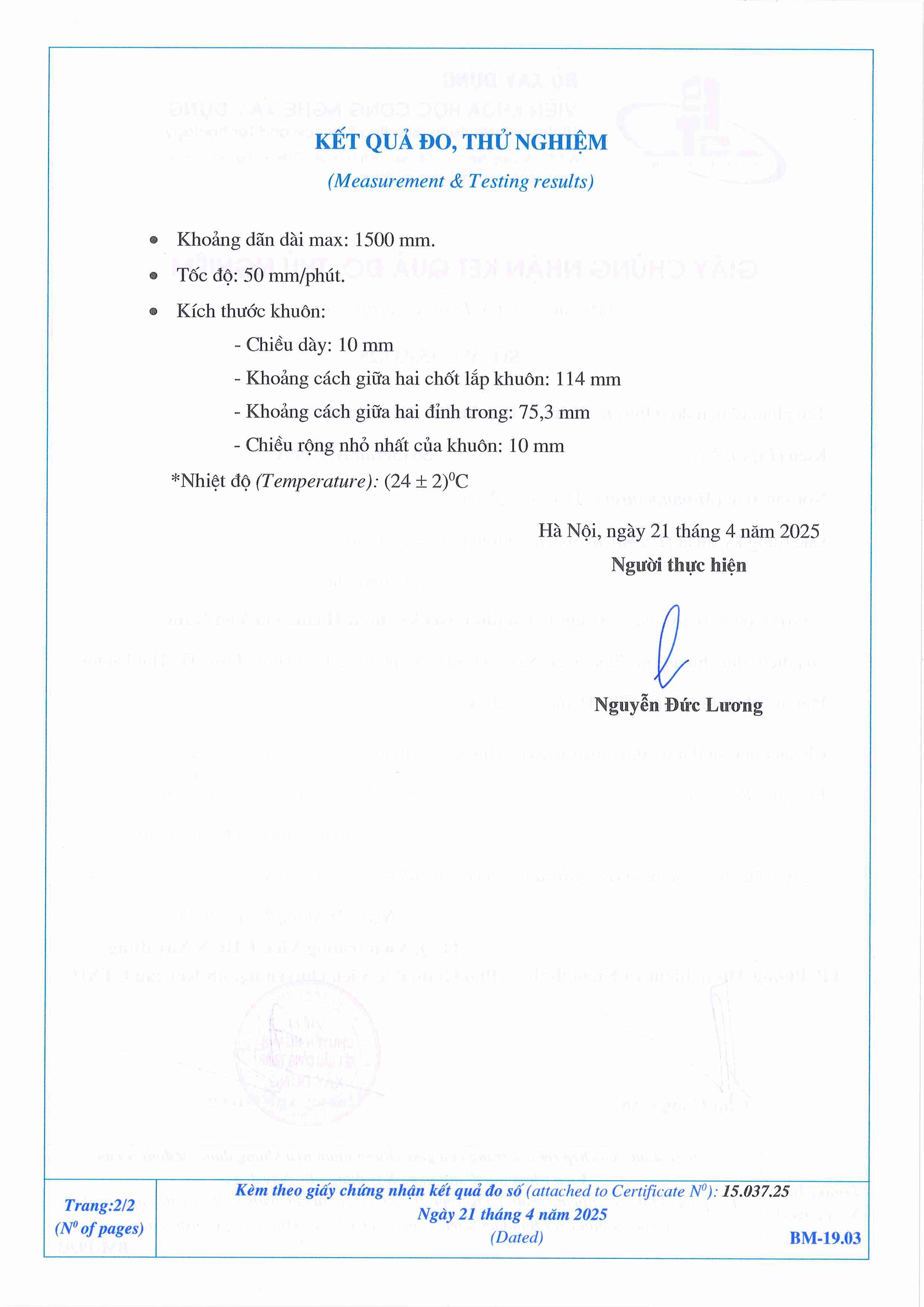 Trang 2 - Kết quả đo Thiết bị thử độ dãn dài nhựa đường