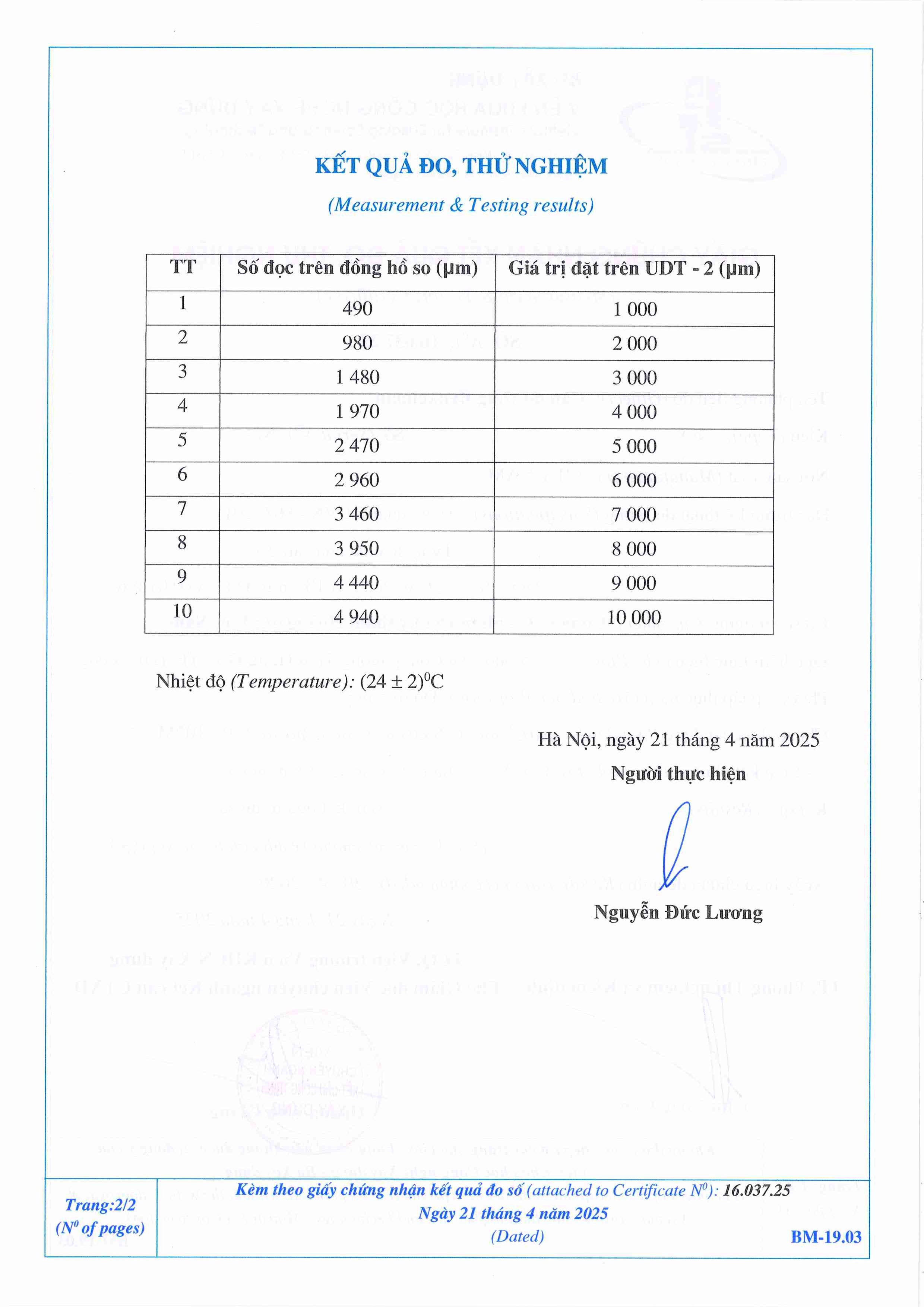 Trang 2 - Kết quả đo Cần đo võng Benkelman