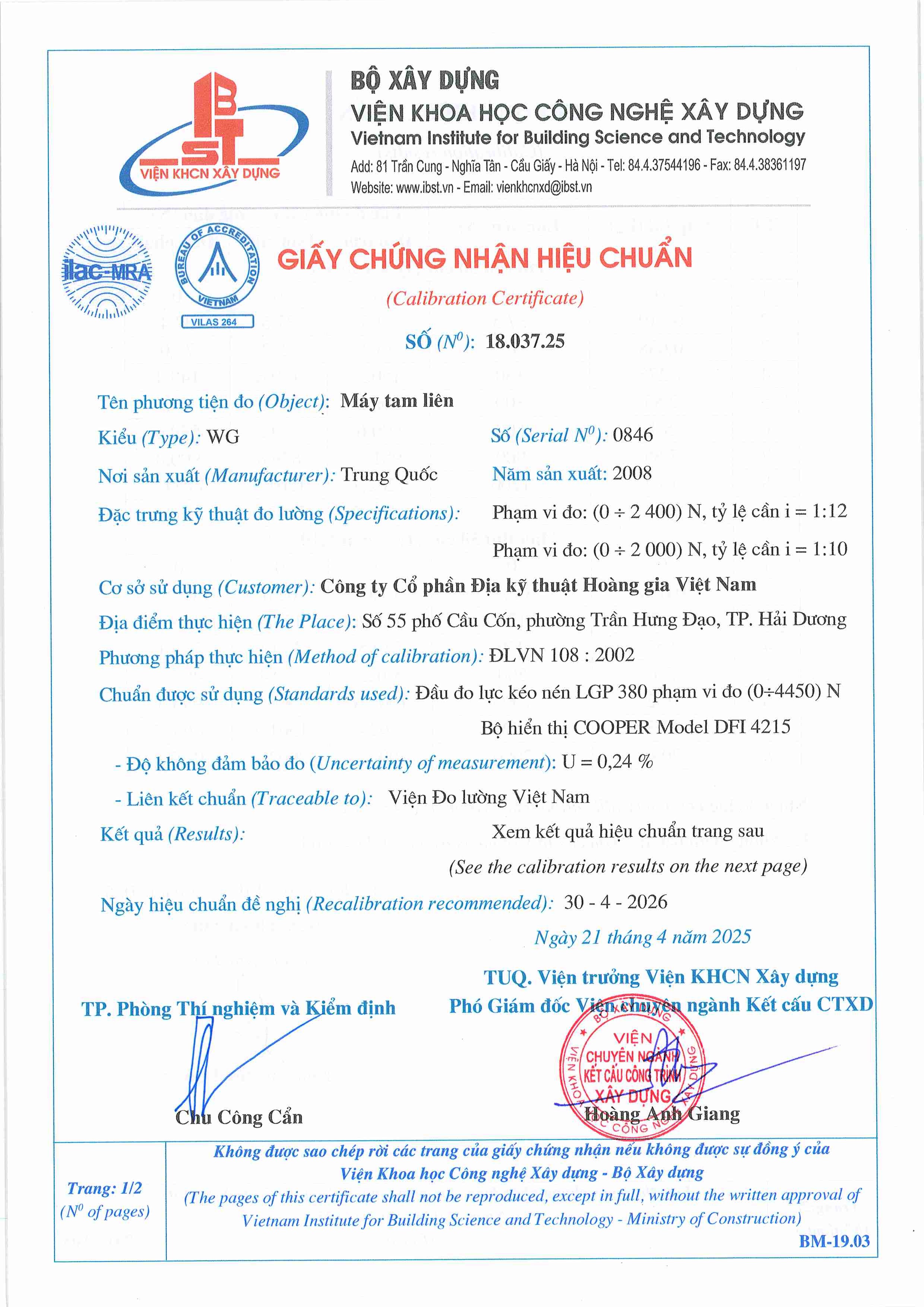 Trang 1 - Chứng nhận hiệu chuẩn Máy tam liên