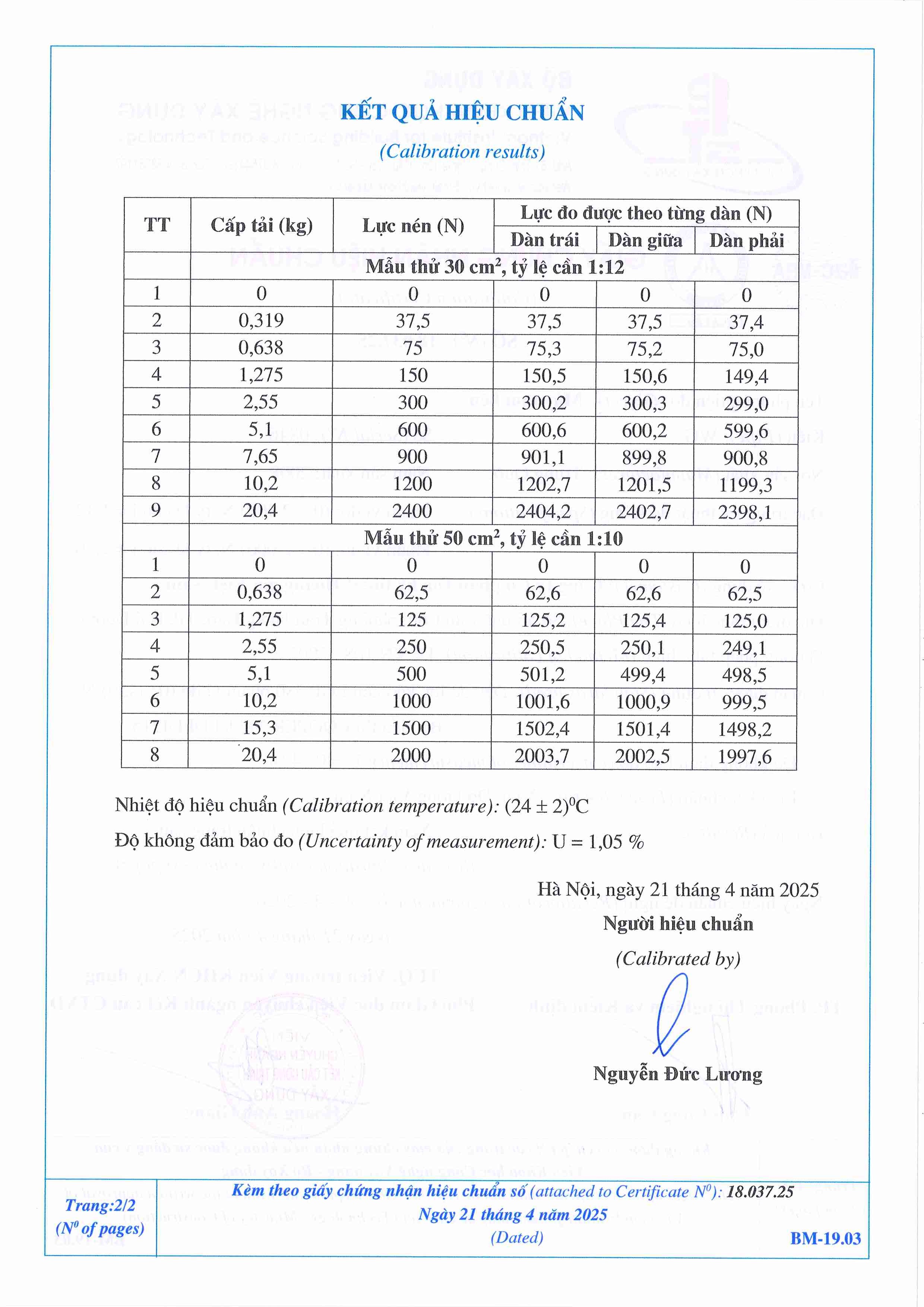 Trang 2 - Kết quả hiệu chuẩn Máy tam liên