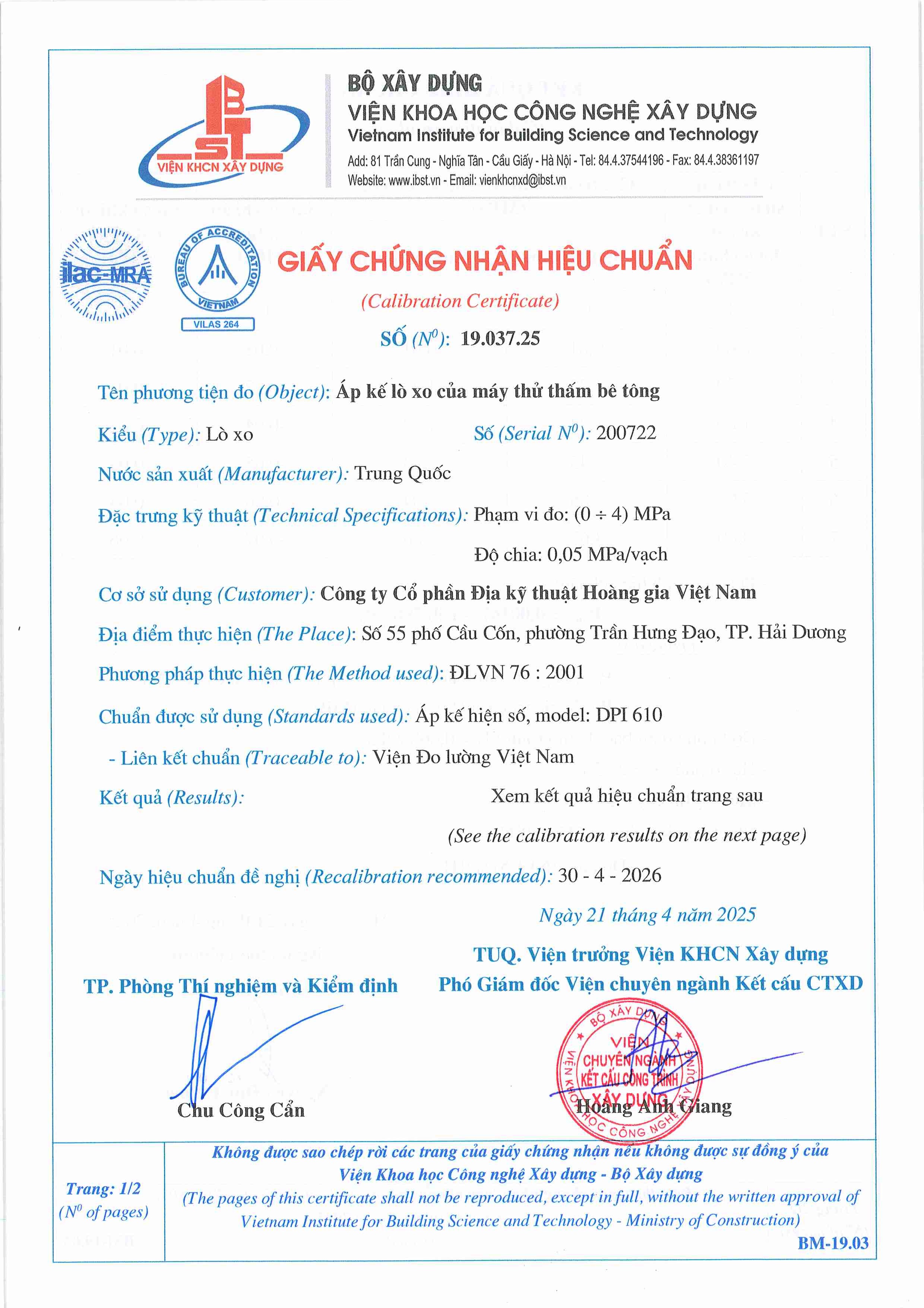 Trang 1 - Chứng nhận hiệu chuẩn Áp kế lò xo